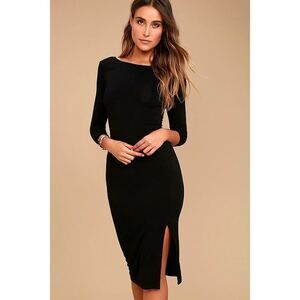Lulus Elegant Artistry Black Bodycon Midi Dress - Size L